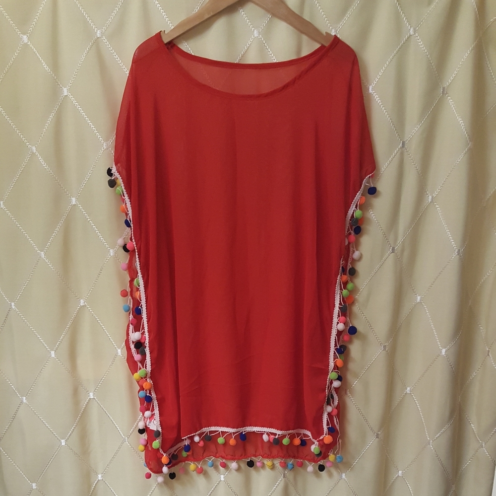 Colorful pom poms tassel swim cover up